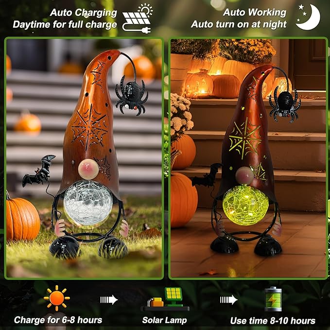 Halloween Decorations Outdoor Gnome Solar Lights, Color Changing LED Lights with Spider Web Hollowed-Out Hat, Spooky Halloween Outdoor Decorations for Garden, Patio, Yard, Pathway (Pumpkin)