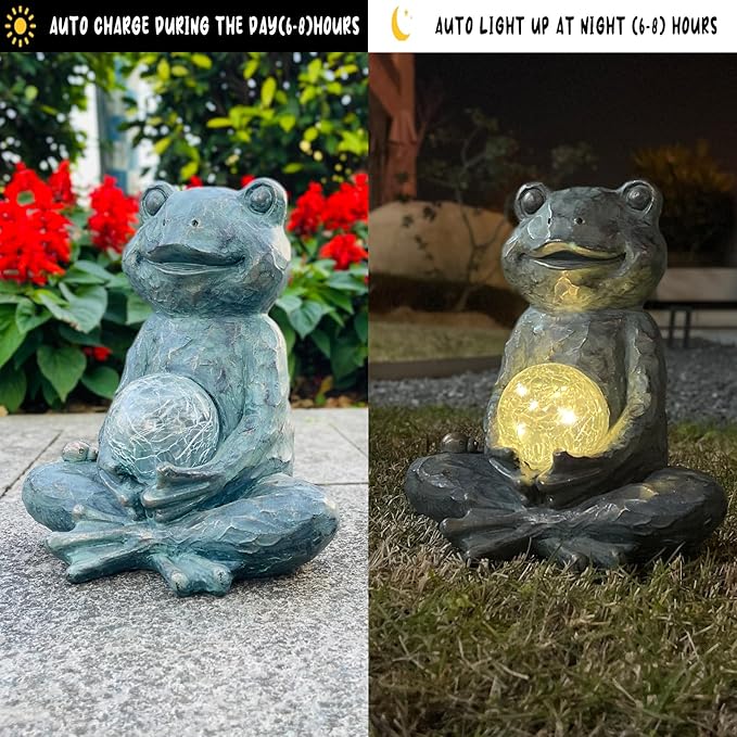 Zen Yoga Frog Garden Statue Ornament, Outdoor Decor, Solar Patio Garden Sculptures & Statues, Gift Ideas for Women
