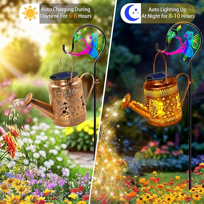 Solar Lanterns Outdoor Waterproof,Metal Watering Can Garden Decor,Fairy Hanging Solar Path Lights Yard Art,Outside Patio Decorations Gardening Birthday Gifts for Mom Grandma Women(with Shepherd Hook)