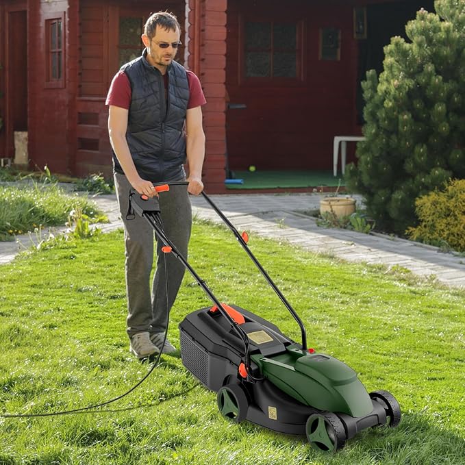 S AFSTAR Electric Lawn Mower, 10-AMP 13-Inch Corded Walk-Behind Lawnmower with Collection Box, 3 Adjustable Height Position, Self Locking Function, Push Lawn Mower for Backyard