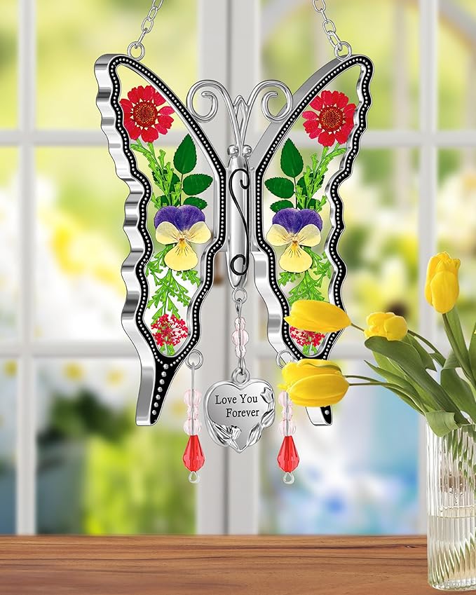 KY&BOSAM Butterfly Suncatcher Stain Glass Love You Forever Butterfly Sun Catcher for Windows Hanging Wind Chime Gifts for Women Grandma Mom Mother`s Day Valentine's Birthday Christmas Thanksgiving