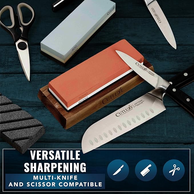 Cutluxe Whetstone Knife Sharpener – Sharpening Stone Kit, Professional 4 Side Grit 400/1000/3000/8000, Non Slip Acacia Wood Base, Angle Guide, Black Flattening Stone, Leather Strop
