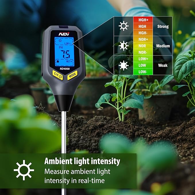 NDI Soil Moisture Meter,5-in-1 Soil Test Kit Tool with Moisture,Light,PH,Temperature and Salinity for Gardening, Farm, Lawn, Indoor & Outdoor Plants.