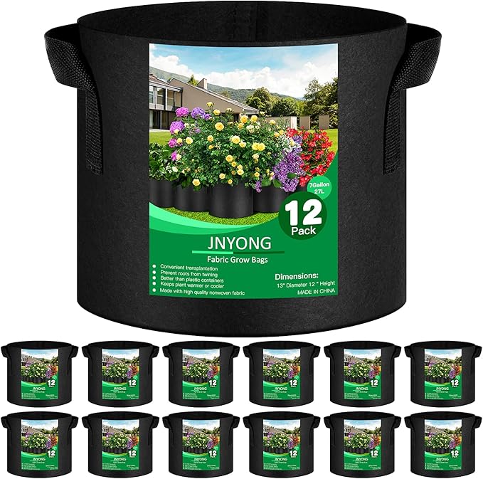 12-Pack 7 Gallon Thickened Non-Woven Grow Bags, Aeration Fabric Pots with Handles