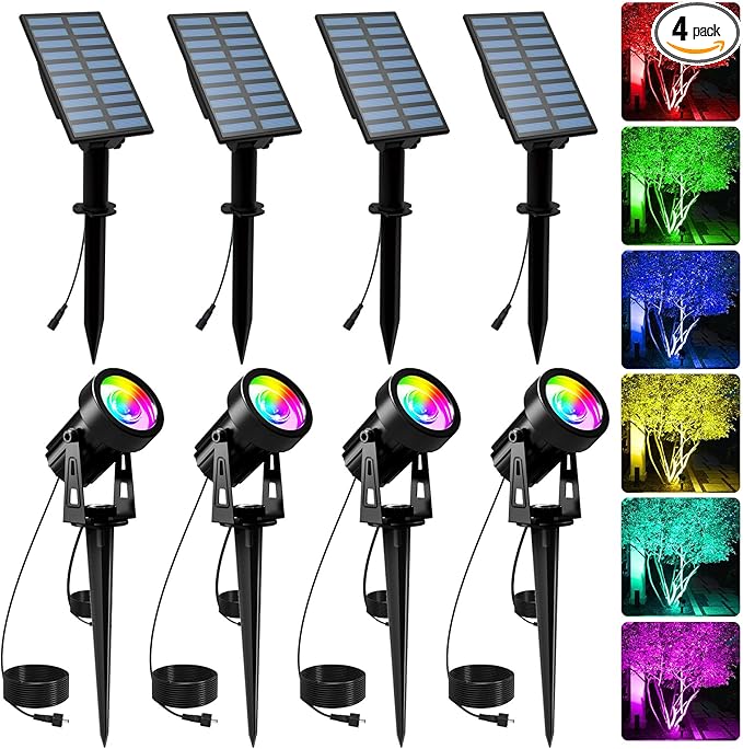T-SUNUS Color Changing Solar Landscape Spotlights 4 Pack, IP65 Waterproof RGB Spot Lights 9.8ft Cable, Separated Panel Garden Light for Flag Outdoor Yard Driveway Porch Walkway Pool Patio