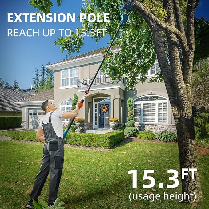Cordless Pole Saw with 1 Max 20V*6Ah Battery, 8inch Chainsaw and Pole Tree Trimmer. Electric Pole Saw and Branch Cutter Battery Powered,15-Feet Reach for Tree Trimming and Pruning Saw with Bag