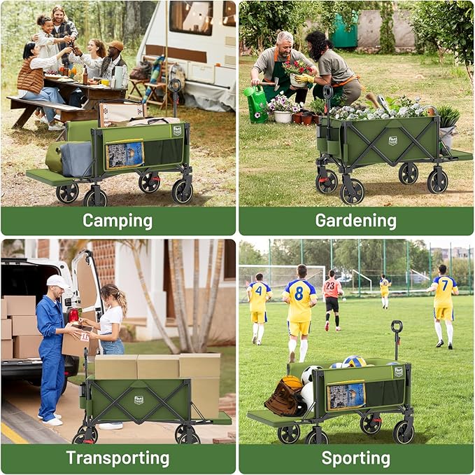 TIMBER RIDGE 49" Extra Long Collapsible Folding Wagon with Tailgate and Brakes, 300lbs Heavy Duty Wagon Carts Foldable, 250L Capacity Portable Cart for Dogs, Garden, Outdoor Camping Sports, Green