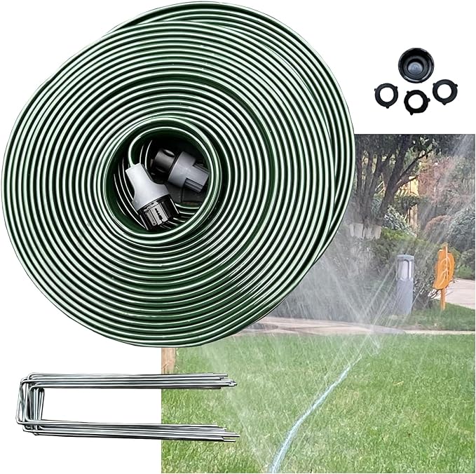 Watoo 2025 75 FT Flat Sprinkler Hose for Lawn Watering Garden Soaker Hose with Holes, Heavy Duty Lightweight No-Kink Water Hose with Stakes, Irrigation Hose, Great Fun for Kids and Dog