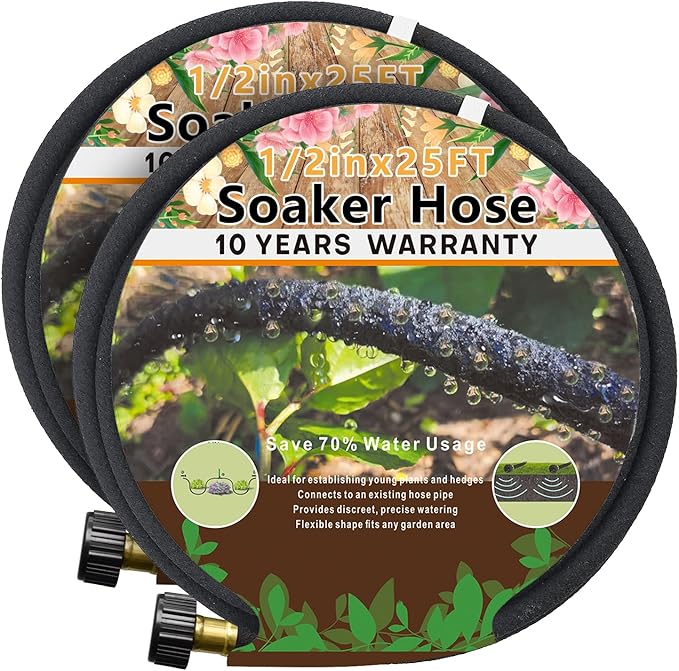 1/2’’ Soaker Hose 50 ft, Heavy Duty Garden Soaker Hoses 25Ft 2 Pack, Round Soaker Hose for Raised Garden Beds, 50 Ft Drip Hoses Irrigation for Garden - (25 feet 2-pack)