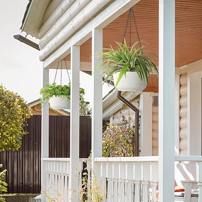 T4U 10 Inch Hanging Planters for Indoor Outdoor Plants, 2 Pack White Self Watering Hanging Plant Pot, Hanging Pots Set with Drainage Hole & Plug & Chain with 3 Hooks for Garden Home Decor