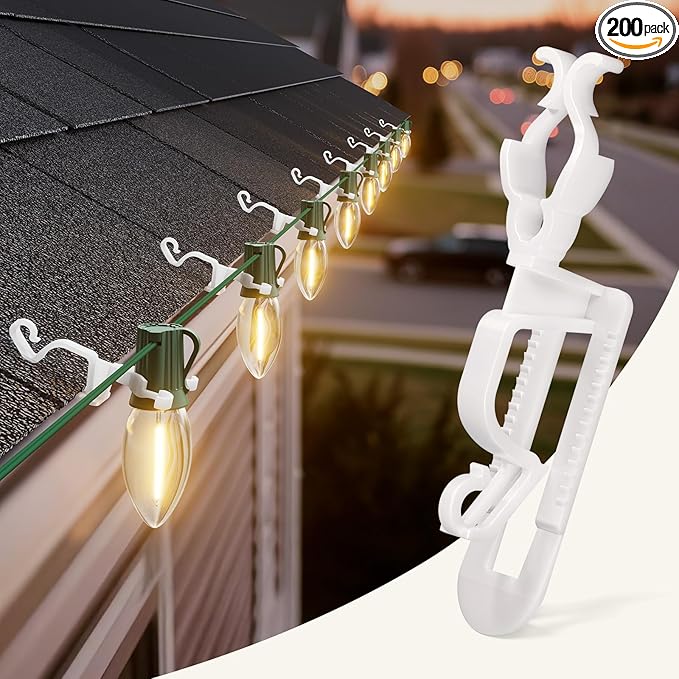 Universal Christmas Lights Shingle Clips, 200 Count All in One Gutter Clips, Shatterproof All Purpose Shingle Clips for C7/E12, C9/E17, Mini String Lights, Rope Lights, Outdoor Christmas Decorations