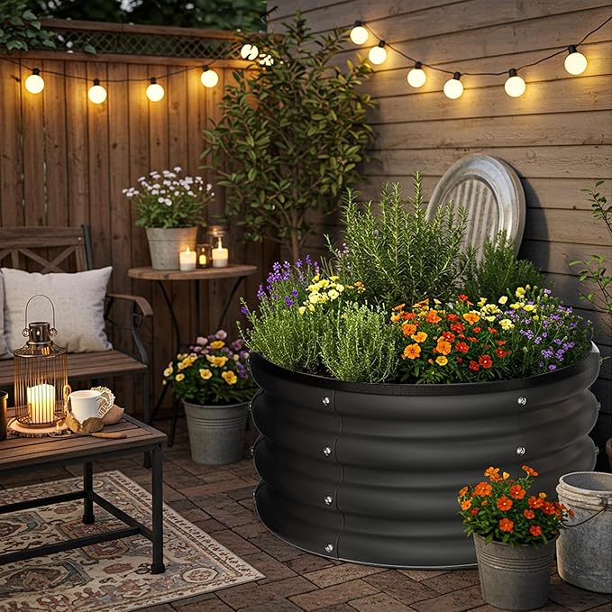 ZXZYHFTY Round Galvanized Raised Garden Bed kit,Black Outdoor Garden Raised Planter Box, Round Large Metal Raised Garden Beds for Vegetable 2 * 2 * 1ft 2 Pcs