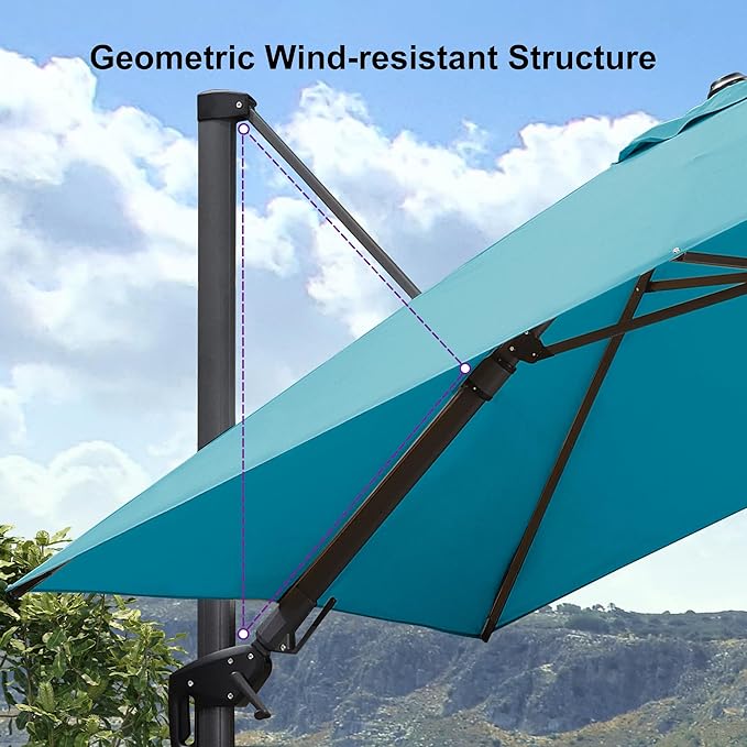 PURPLE LEAF 9.8' X 9.8' Tilting Patio Umbrella with Base Outdoor Cantilever Swivel Square Umbrella with Tilt Aluminum Offset Umbrella with 360-degree Rotation for Garden Deck Pool Patio Turquoise Blue