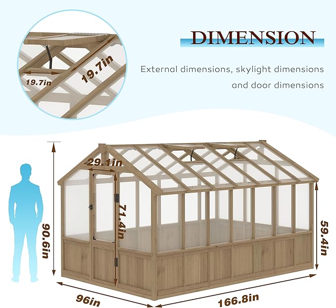MUPATER 8 x 14FT Walk-in Wooden Greenhouse for Outdoor, Heavy Duty Green House Kit with Ventilated Window & Lockable Door, Greenhouse for Outside Garden, Backyard, Patio, Lawn