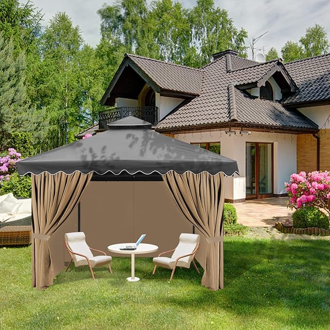 Gazebo Universal Replacement Privacy Curtain, 12'X12' Gazebo Curtains Outdoor Waterproof, 4-Panels Sidewall with Zipper for Patio, Garden and Backyard (Only Curtains, 12'X12', Beige)