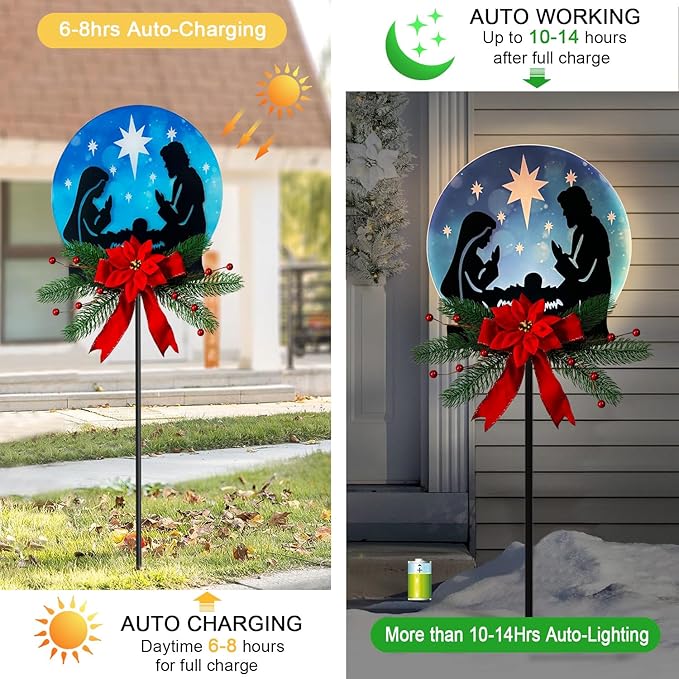 Christmas Jesus Solar Garden Stake Decor Outdoor Waterproof LED Lighted Yard Art Religious Xmas Decor for Patios Courtyards Lawns Christmas Decor and Thanksgiving Gifts