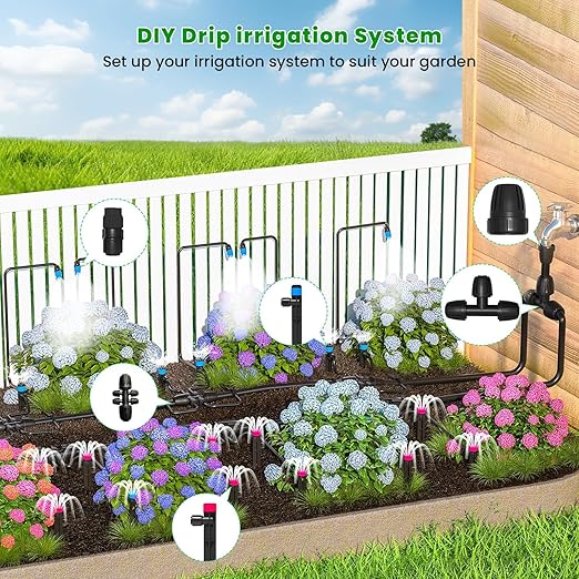 223FT Drip Irrigation Kit, Drip Irrigation System Kit with Adjustable Misting Nozzle Sprinkler, Tubing and Connectors, Watering for Garden, Flower Beds, and Potted Plants