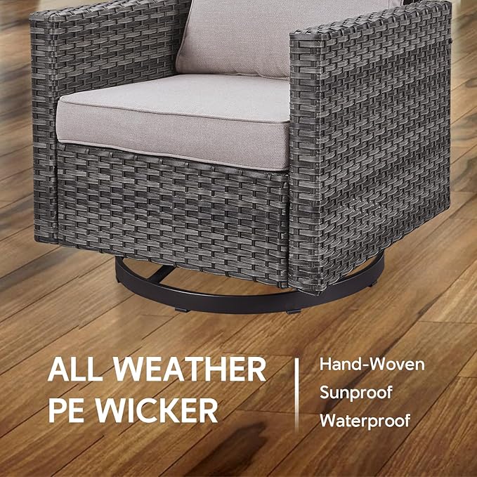 Outdoor Swivel Rocker Chairs - 5 Piece Patio Bistro Set Wicker Patio Rocking Chairs Set with Side Table and Ottomans, 360° Swivel Glider Proch Furniture for Balcony Deck - Grey/Beige