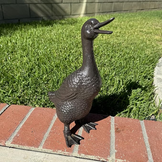 Cast Iron Duck Statue(15.7" Tall) - Heavy Duty Outdoor/Indoor Decor, Rust Brown Garden Art with Lifelike Feather Detailing, Weatherproof Bird Sculpture for Patio, Lawn & Home HC5387