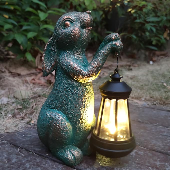 Rabbit Garden Statue Outdoor Décor with Solar Lights Lantern,Rabbit Solar Light Figurines Outside Decorations for Yard,Lawn, Patio, Balcony, Unique Housewarming Gifts