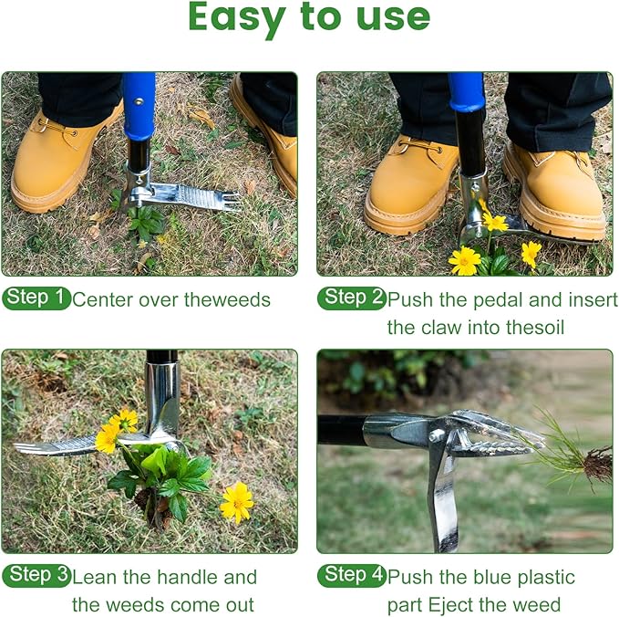 Stainless Steel Stand Up Weed Puller Tool - 51" Long Ergonomic Handle with Easy-Eject Claw, No-Bend Weeding Tool for Deep Roots, Heavy Duty Garden Weeder for Hard Soil & Dandelions
