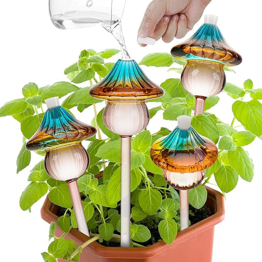 Plant Watering Globes Mushroom, Rainbow Gradient Color Glass Watering Bulbs, Self Watering Planter Insert, Self Watering Globes - Plant Watering Devices for Travel Vacation (4 PCS)