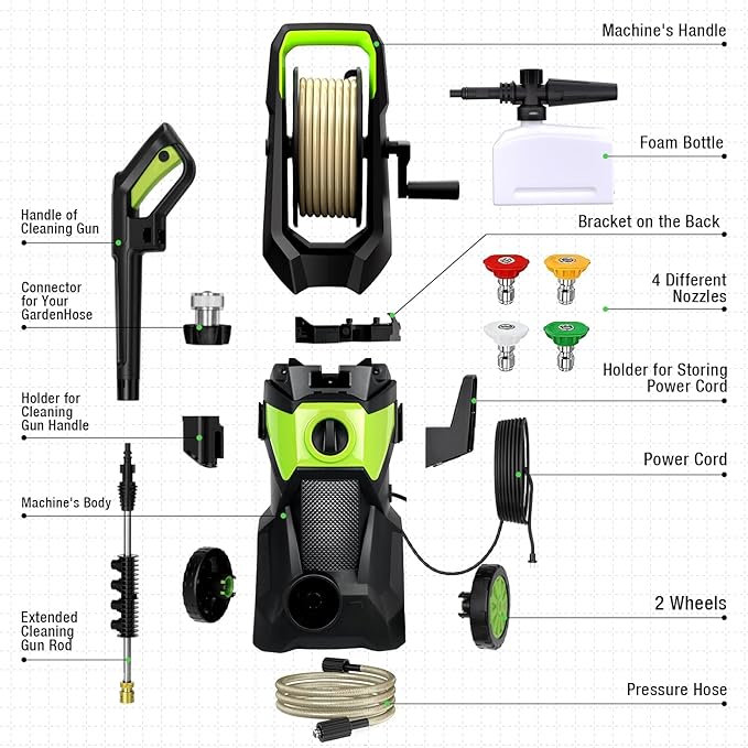 Washer with 4 Quick Connect Nozzles, Cleaning Machine with Foam Cannon