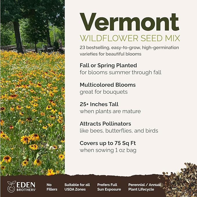 Eden Brothers Vermont Wildflower Mixed Seeds for Planting, 1 oz, 30,000+ Seeds with Cosmos, Cornflower | Attracts Pollinators, Plant in Spring or Fall, Zones