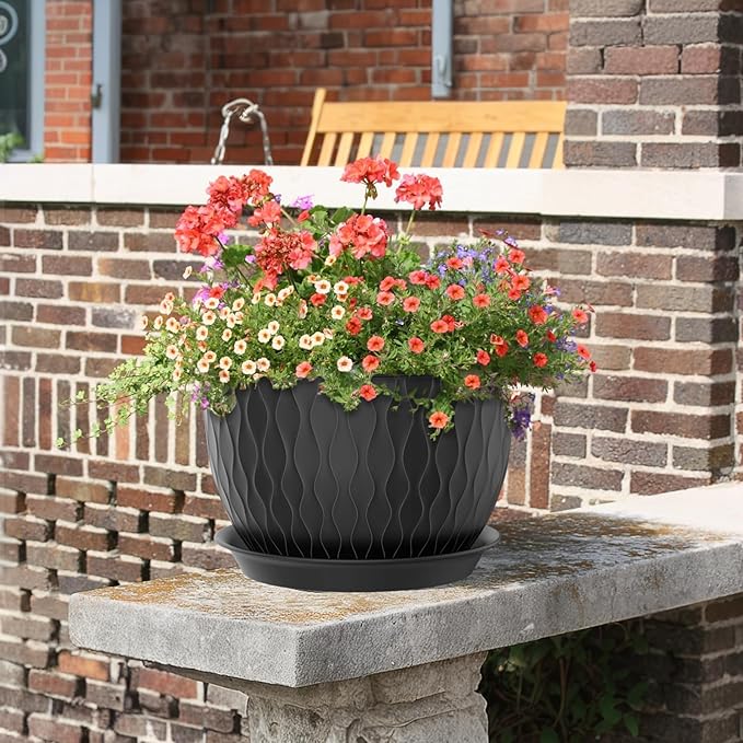 Large Plant Pots 12/10/9 inch, 3 Pack Wide Flower Pots for Outdoor Indoor Plants with Water Ripples, Big Plastic Planters with Drainage Holes and Saucers for Garden House Plants, Black