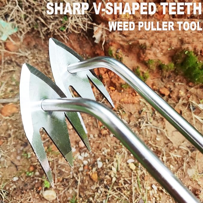 Gardening Weeding Pulling Tool,2pcs New Weeding Artifact Uprooting Weeding Tool,Stainless Steel Garden Weed Puller Tool,Garden Weeder Tool with Gloves for Backyard(13.8+12.6 inch)