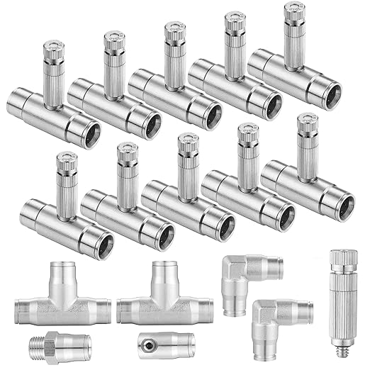 Mornajina 27Pcs Slip-Lock Misting Nozzle Tees with Slip Connector for 3/8 inch Drip Irrigation Tubing Kit, Including 11pcs Mister Nozzles Orifice 0.016", 16pcs 3/8" Brass Slip Connector, High Pressure