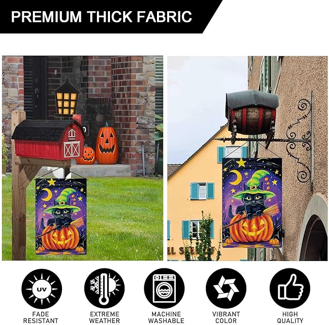 Happy Halloween Garden Flag Black Witch Cat Flag Moonlight Ghost Pumpkin Vertical Double Sided Rustic Farmland Burlap Yard Lawn Outdoor Decor 12.5x18"