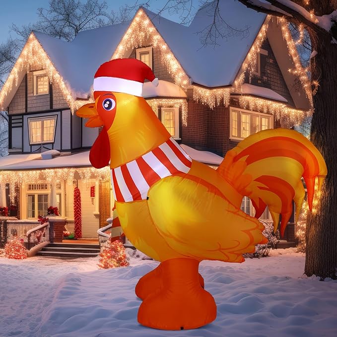 6Ft Christmas Rooster Inflatable with Built in LED Lights Xmas Chicken Blow-Up Lawn Decoration for Winter Home Garden Yard Holiday Party Indoor Outdoor Decor