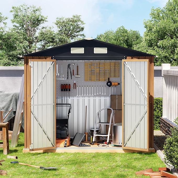 8X6 FT Garden Storage Shed with Lockable Door,Steel Tool Shed with 1 Clear Window, Anti-Corrosion Metal Shed for Backyard Patio Lawn (Wood Panels & Frame Floor Not Included)(Light Wood Grain)