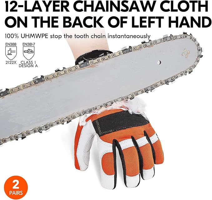 Vgo... 2-Pairs Chainsaw Gloves,Saw Protection on Left Hand Back,Goat Leather(L,Orange,GA8912)