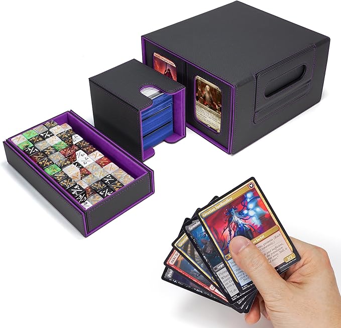 AFIING Commander Deck Box for MTG, Holds 400+ Double-Sleeved Cards, 4 Removable Deck Cases with Display Window, Dice Tray/Handle,Trading Card Storage Organizer/Dividers for TCG (Black Purple)