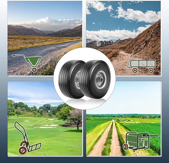 Cenipar 10" 4.10/3.50-4" Flat Free Tire and Wheel 10" Polyurethane Solid Tire with 5/8" Bearings 2.2" Offset Hub -10” Solid Tires for Wagon Wheelbarrow Garden Cart Hand Truck Generator