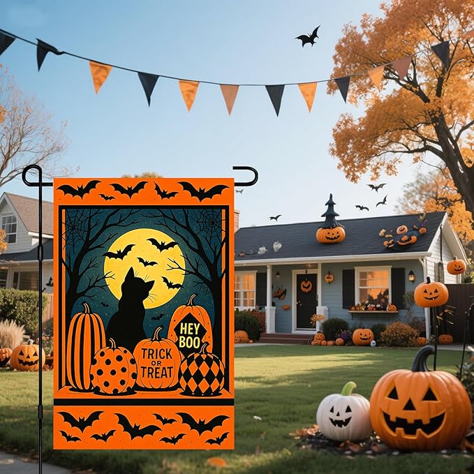 IVN Happy Halloween Garden Flag 12x18 Inch Double Sided Black Cat Pumpkin Bat Moon Trick or Treat Hey Boo Outdoor Yard Flag for Outside Front Door Lawn Porch Patio Welcome Decor