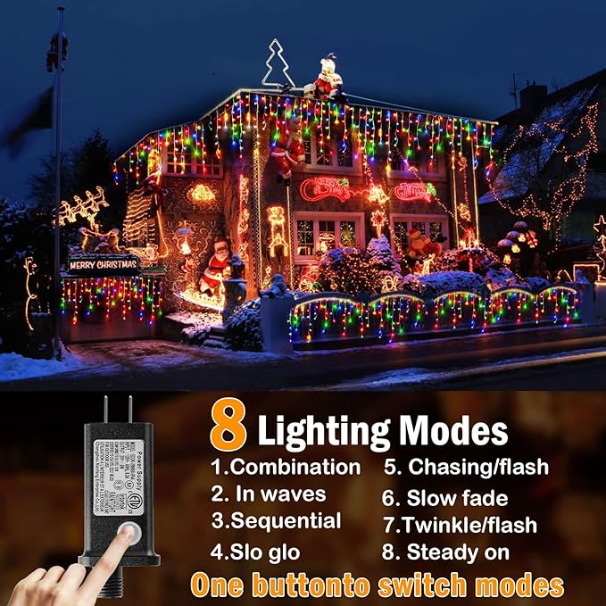 Hezbjiti Christmas Decorations Lights Outdoor, 400 LED 32.8 FT 8 Modes 75 Drops Fairy String Curtain Lights for Christmas Decor Eaves Window Party Yard Garden Indoor (Multicolor)
