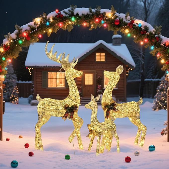 Outdoor Reindeer Family Christmas Decor, 3-Piece Large Golden Deers (Buck/Doe/Fawn) Holiday Xmas Lawn Decorations, with 300 Warm White LED Lights, Prefect for Yard, Garden