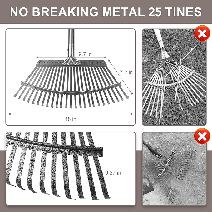 KeFanta Garden Leaf Rakes, Rake for Leaves Heavy Duty 25 Metal Tines 18.5" Wide, 62" Adjustable Long Handle Rakes for Lawns Yard Grass Flower Beds