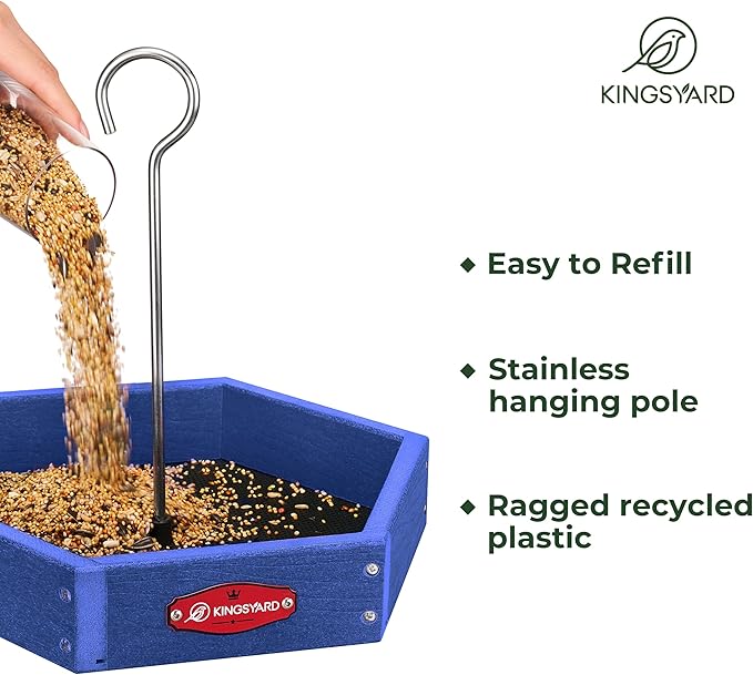 Kingsyard Large Hanging Platform Bird Feeder Weatherproof Durable, Recycled Plastic Tray with Metal Mesh, Easy Clean Outdoor Feeder for Cardinals Bluebirds Wild Birds, Blue