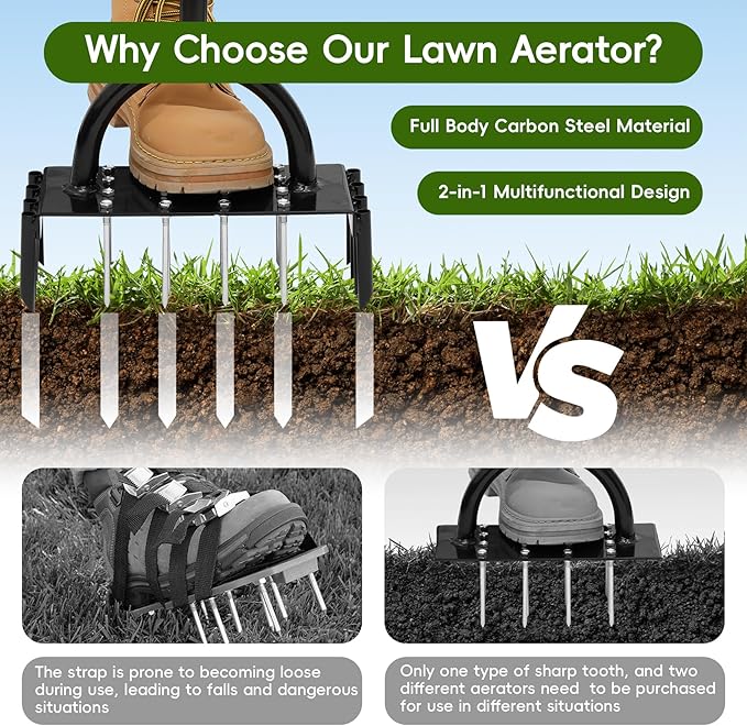 2-in-1 Lawn Aerator Tool, Multifunctional Carbon Steel Aeration Tool for Lawn , Manual Lawn Air Aerator Tool with 24 Spikes, Grass Aerator for Lawn for Compacted Soil, Garden Tool Lawn Core Aerator