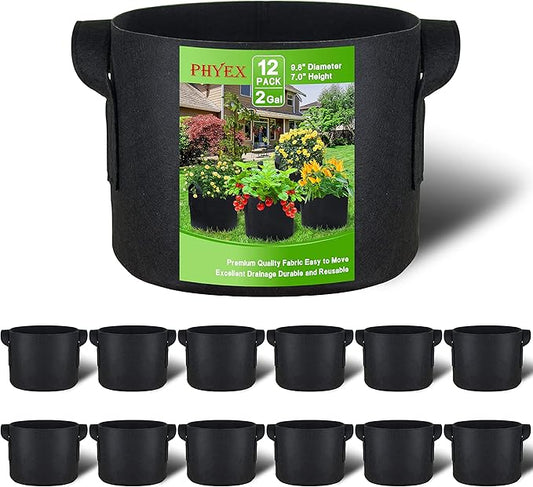 PHYEX 12-Pack 2 Gallon Grow Bags, Thickened 300G Nonwoven Fabric Pots with Reinforced Handles, Planting Bags for Healthy Root Growth, Vegetables, and Flowers, Come with 12 Pcs Plant Labels