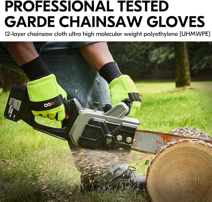 Vgo... Chainsaw Gloves, 12-Layer Chainsaw Protection on Both Hand Back, leather Work Gloves, Mechanic Gloves