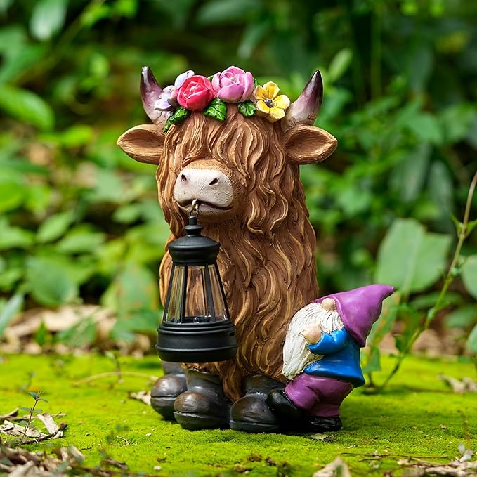 TOLIMI Garden Lantern Statues Resin Highland Cow with Gnome Outdoor Solar Light Decor Funny Decorations for Yard and Patio Gifts