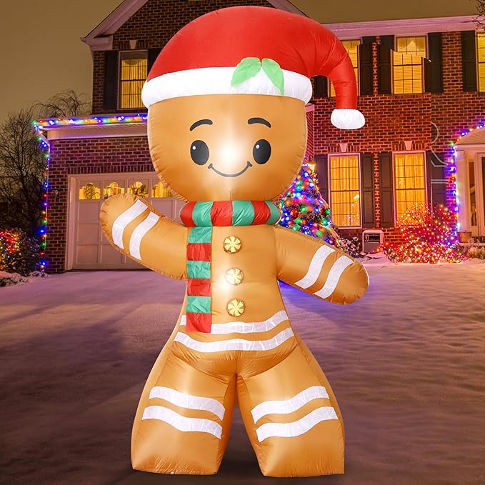 DearSun 8FT H Lovely Giant Christmas Inflatable Gingerbread Man with Build-in LED Lights, Blow up Christmas Inflatable Outdoor Indoor Decorations Large Party Yard Decoration