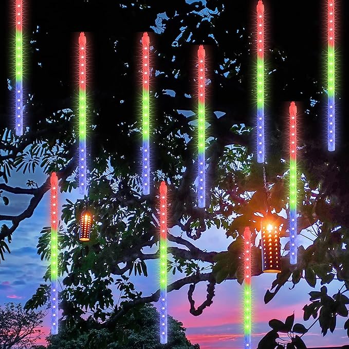 FUNPENY Meteor Shower Rain Lights, 288 LED Christmas Lights Icicle Snow Falling Christmas Light Outdoor Raindrop Light, 30cm 8 Tubes Xmas Tree Holiday Decoration (Multi-Colored)