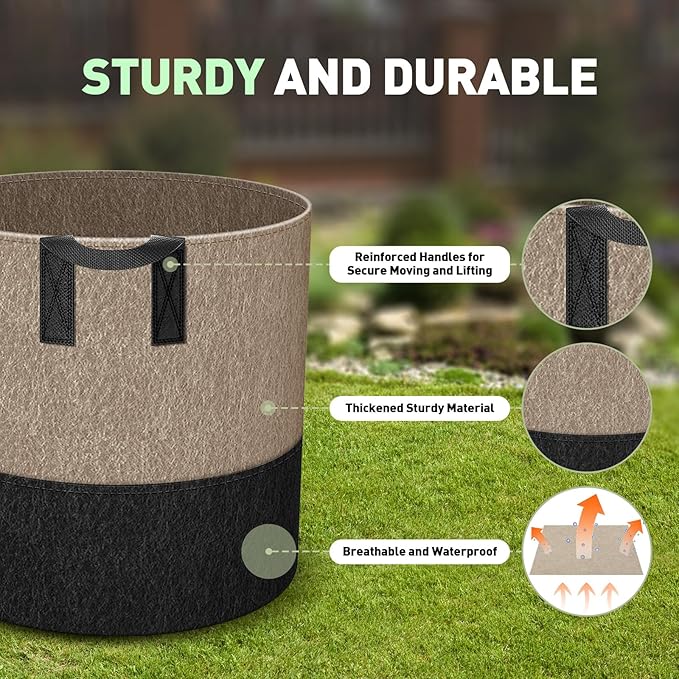 UMIG 12 Pack 7 Gallon Grow Bags, 300G Thick Non-Woven Fabric Cloth Smart Planter Pots with Handles, Black Camel Large Outdoor Garden Bags for Plants, Vegetable, Flowers