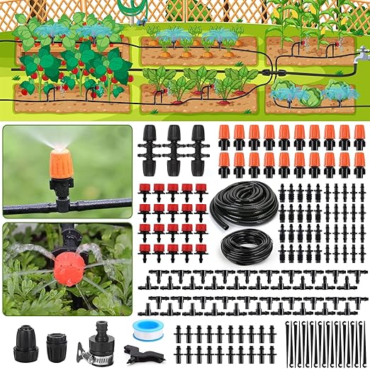Drip Irrigation Kit, Flantor 70FT Greenhouse Drip Irrigation System Adjustable Garden Watering System with 1/2 inch & 1/4 inch Irrigation Tubing,Patio Misting Plant Watering System for Garden and Lawn